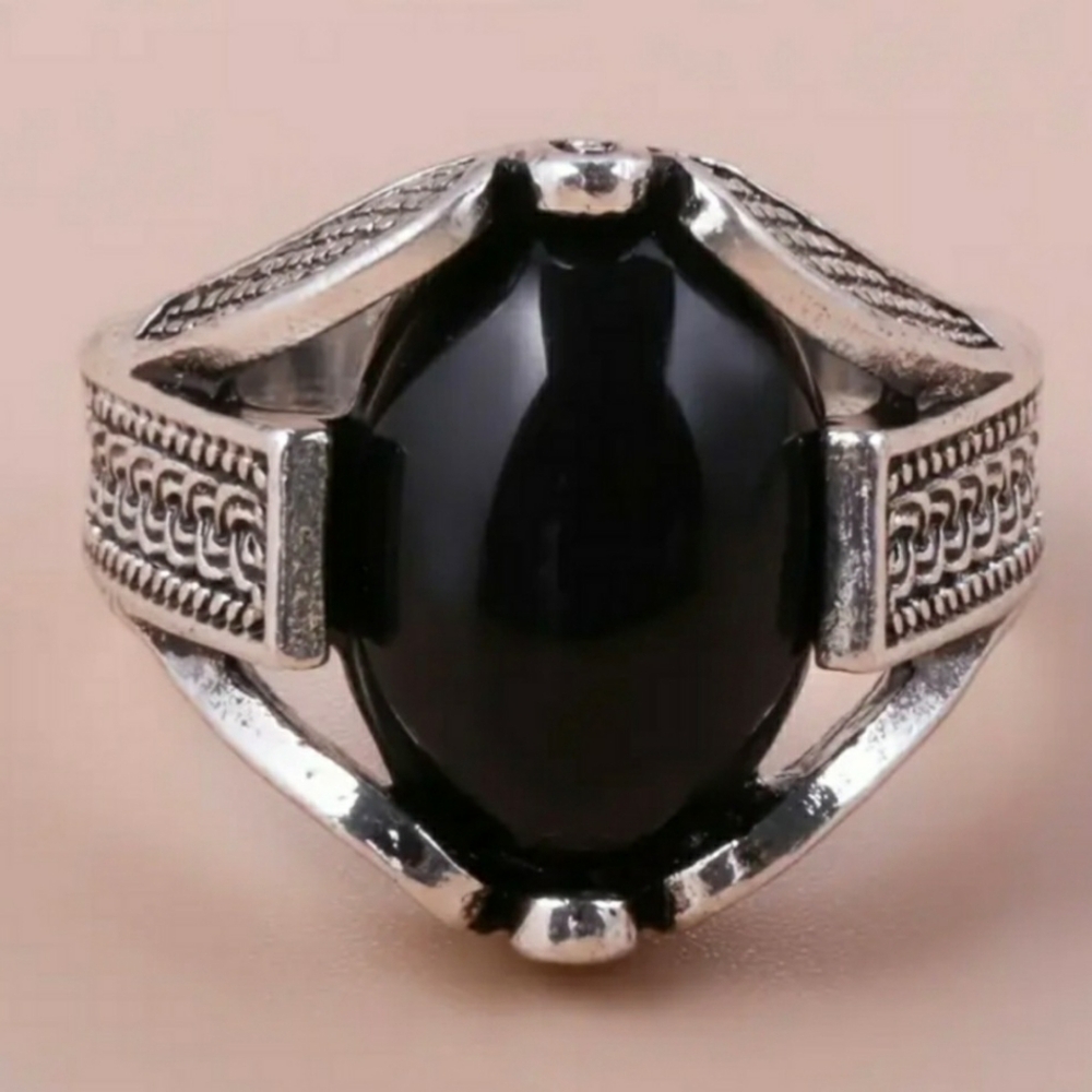 Silver and black precious stone ring, sz 6, NWT - Picture 5 of 6